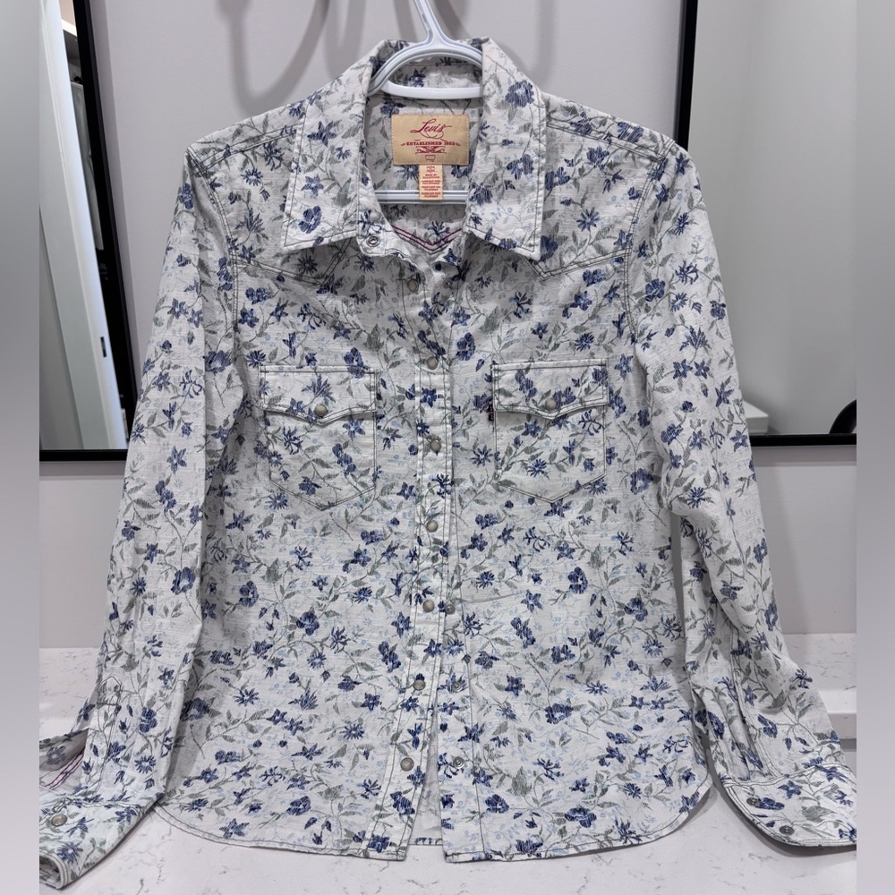 Levi's White & Blue Floral Pearl Snap Western Shirt | M